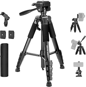 NEEWER Basics Camera Tripod, 74" Trípode Cámara con Soporte Móvil Montaje Compatible con iPhone para Grabación Vídeo, Ligero Profesional Aluminio Portátil Travel Stand con 3 Way Pan Tilt Head, TP56