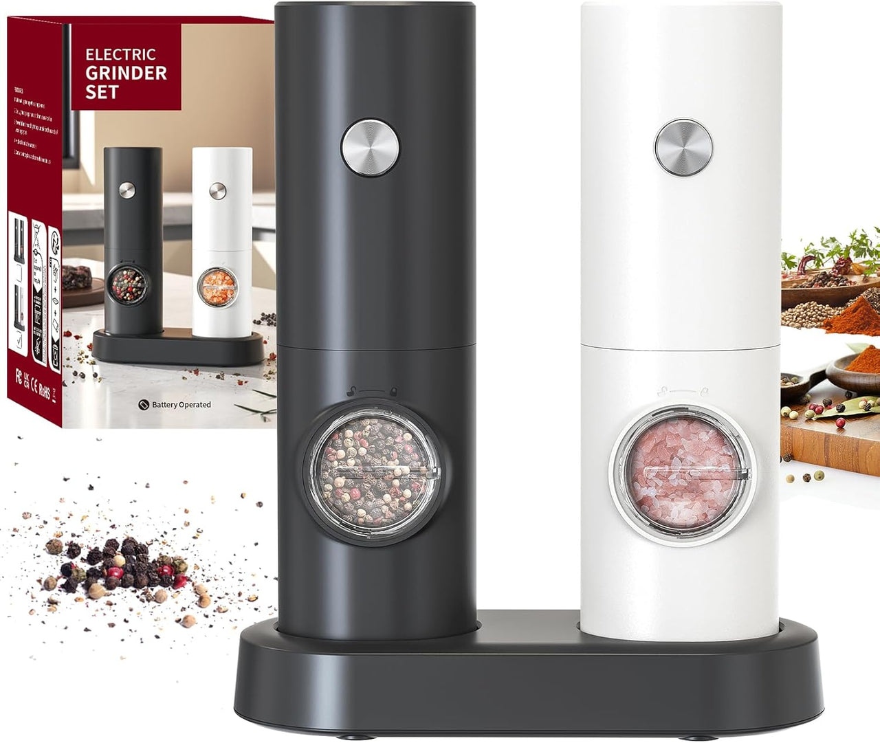 CIRCLE JOY Juego de Molinillo Eléctrico de Sal y Pimienta a Pilas con Base, Luz LED Blanca, Grosor Ajustable y Operación Automática con Una Sola Mano, Negro Blanco
