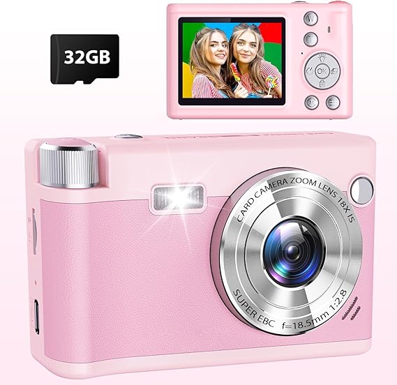 Cámara Digital Compacta, 48MP 1080P HD Autofocus Camara de Fotos con 32GB Tarjeta 1300mAh Baterías, 18X Zoom Digital, Camera Portátil para Estudiantes Adolescentes Principiantes Niños Infantil, Rosa