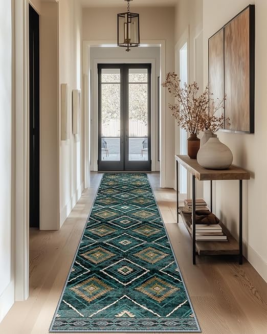 Alfombra Pasillo 60 x 240 cm, Alfombra Antideslizante para Cocina, Alfombra de Pelo Corto, Lavable, Plegable, Diseño Boho, para Pasillo, Cocina, Salón y Oficina, Verde Oscuro