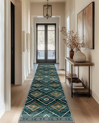 Alfombra Pasillo 60 x 240 cm, Alfombra Antideslizante para Cocina, Alfombra de Pelo Corto, Lavable, Plegable, Diseño Boho, para Pasillo, Cocina, Salón y Oficina, Verde Oscuro
