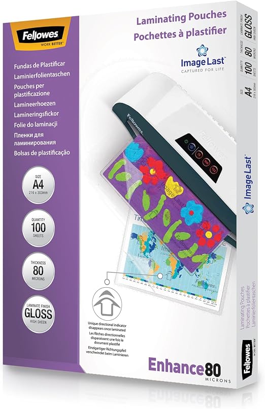Fellowes Pack de 100 fundas plastificar A4, brillo, formato A4, 80 micras, con flechas direccionales ImageLast, fundas para plastificadora adecuadas para fotos y avisos