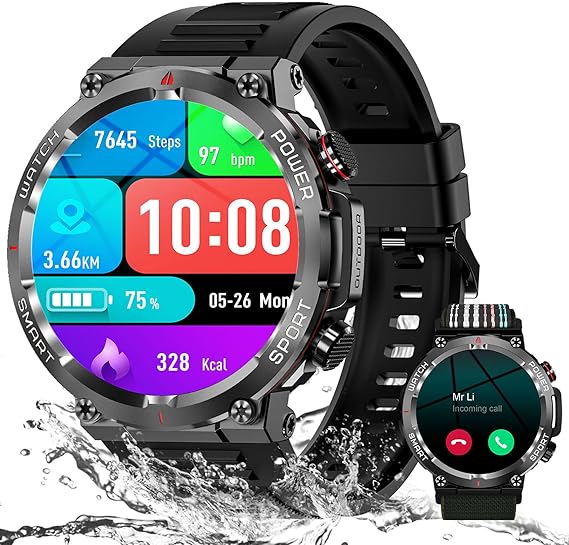 IOWODO Reloj Inteligente Hombre, Smartwatch 1.39" TFT Llamada Bluetooth, 100+Modos Deportivos Smart Watch Pulsómetro/SpO2/Monitor de Sueño/Podómetro, IP68 Pulsera Actividad para Android iOS (Negro)