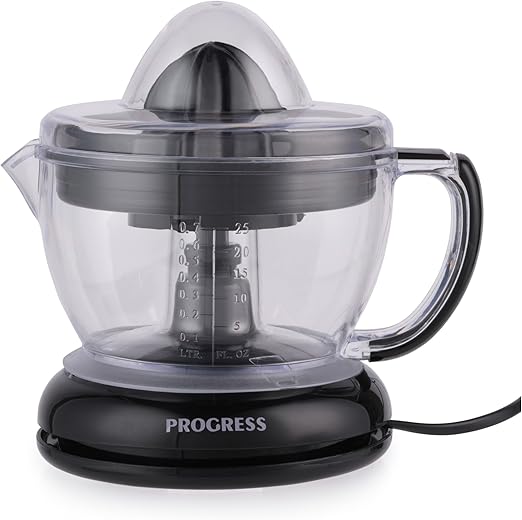 Progress Kompakte Zitruspresse, BPA-freie kanne, Kleine und Große Entsaftungskegel, Multidirektionale Drehung, Ausgießer, Abnehmbarer Boden, für Orangen, Zitronen, Frisch gepresster Saft, 700 ml