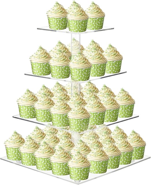 ECOSEAO Soporte para cupcakes cuadrado transparente de 4 niveles, torre de repostería acrílica para bodas, cumpleaños (12 pulgadas)