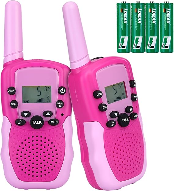 NK Walkie Talkies para Niños de 4 a 9 Años, Juguete Infantil con Linterna, 22 Canales, Larga Distancia 3km, Pantalla LED, Pilas Incluidas- Color Rosa/Violeta