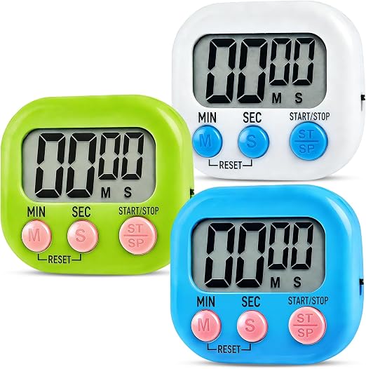 Vonsera 3 Minuteur de Cuisine, Timer con Grand Pantalla LCD, Timer Enfant Apprentissage con Compte à Rebours, Chronomètre y Alarme Digital para Kitchen Cuisson Douche Sport