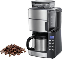 Russell Hobbs Cafetera de Goteo Grind & Brew - 10 Tazas, Jarra Térmica 1L, Molinillo para 250 g, 3 Niveles Molienda, Selector de Intensidad, Programable, Acero Inoxidable, Plata y Negro - 25620-56