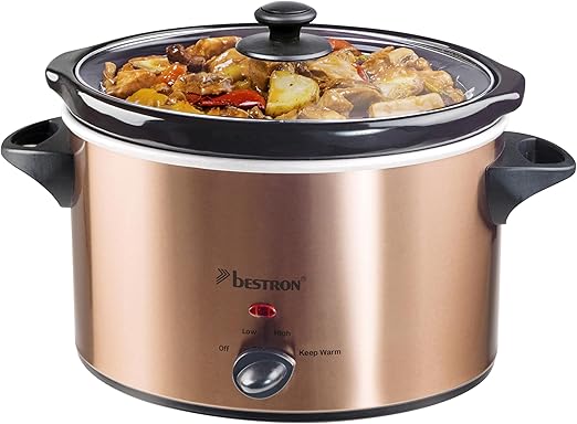 Bestron Slowcooker para 4 personas, Olla de Cocción Lenta con cacerola de cerámica y tapa de vidrio, termostato de 3 niveles, ideal para muchos platos como carne y sopas, 3.5 litros, Color: Cobre