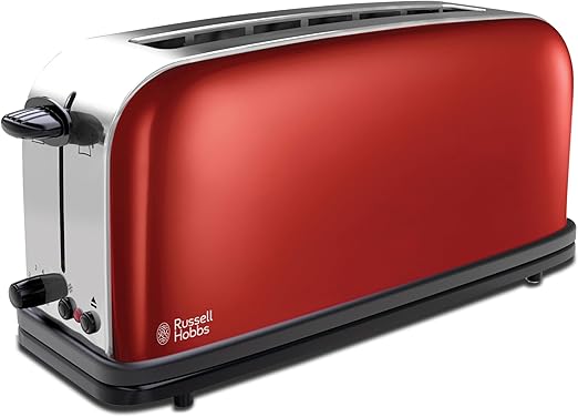 Russell Hobbs Tostadora Colours Plus - 1 Ranura Larga y Ancha, Tostador para 2 Rebanadas, Bandeja Recogemigas, Calientapanecillos, Función Cancelar y Descongelar, Acero Inoxidable, Rojo - 21391-56