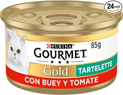 GOURMET Gold Tartelette, Comida Húmeda para Gato Adulto, Paté de Carne de Vacuno con Buey y Tomate, Pack de 24 Latas de 85 g