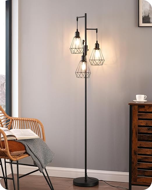 EDISHINE Lámpara de Pie LED Regulable, Lámpara de Pie Vintage con 3 Luces y Bombillas E27, Diseño Industrial de Metal con Pantalla en Jaula, Ideal para Salón, Dormitorio o Comedor, Color Negro