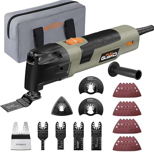 Funguard 300W Multiherramienta Oscilante, Herramientas Oscilantes con 6 Velocidades, 15000-22000RPM, 30 Accesorios, Mango Auxiliar, Ángulo de Oscilación 3.5°, para Cortar, Lijar, Raspar, Serrar