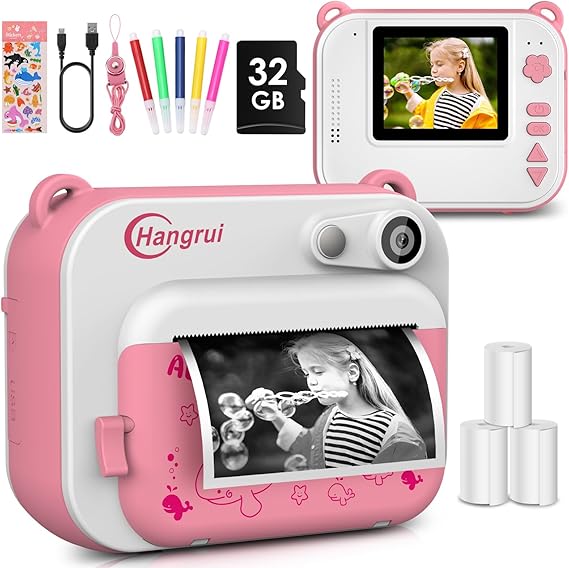 Hangrui - Cámara de Fotos Infantil de impresión instantánea, 2,0 Pulgadas, cámara para niños, 12 MP/1080P con 32 G SD Tarjeta, marcadores, línea USB, Autoadhesivo, para 3 – 12 años, Color Rosa