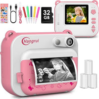 Hangrui - Cámara de Fotos Infantil de impresión instantánea, 2,0 Pulgadas, cámara para niños, 12 MP/1080P con 32 G SD Tarjeta, marcadores, línea USB, Autoadhesivo, para 3 – 12 años, Color Rosa