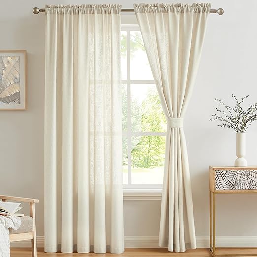 Melodieux Cortinas Visillos Beige para Dormitorio Cortinas Translúcidas Salón 2 Piezas, 140x183cm