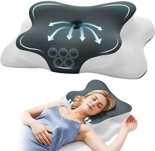 Autsel Almohada Cervicales y Cuello Viscoelástica con Diseño Mariposa – Almohada Ortopédica para Aliviar Dolor, 2 Alturas (11/13cm), Ideal para Dormir de Lado, Boca Arriba y Abajo, Gris Oscuro-Blanco