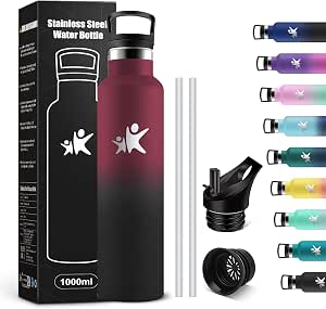 KollyKolla Botella Agua Acero Inoxidable 1L, Botella Termica con Pajita y Filtro, Reutilizable, Cantimplora sin BPA, Prueba de Fugas, Termo para Senderismo, Adultos, Escuela, Deporte, Gimnasio