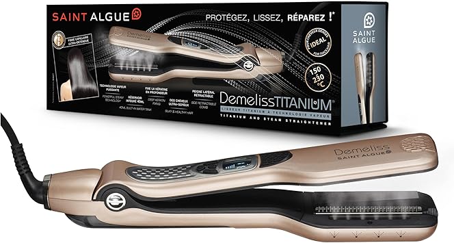 DEMELISS - Plancha de Pelo de Vapor Saint Algue Placas de Titanio - Maxi-Depósito Integrado 40ml - Peine Lateral Extraíble - Alisado Extremo y Protección del Cabello - Dorado/Champán