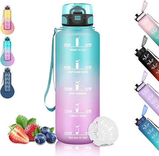 Botella Agua, Botella Agua 1.5 litros con Filtro, Botella de Agua Deportiva a Prueba de Fugas, Botella Reutilizable, Fácil de Limpiar, Botella Agua Grande, Cantimplora para Cámping, Yoga, Senderismo