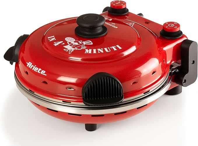 Ariete 919 - Horno para pizza en 4 minutos, 1200 W, 5 niveles temperatura, diámetro 33 cm, regulador de tiempo 30 minutos y temperatura, indicador luminosos encendido/apagado, color rojo negro