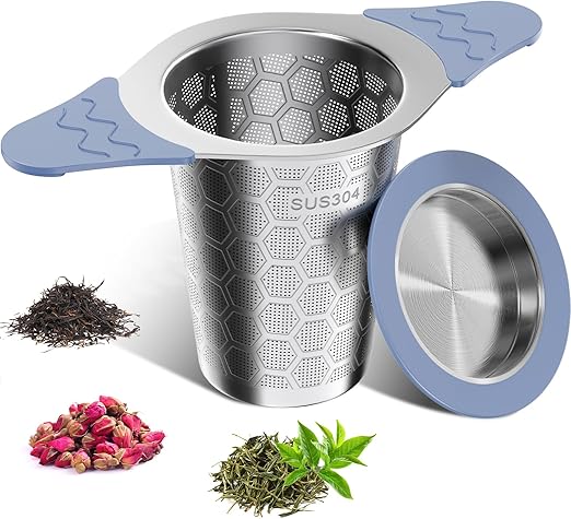 infusor de te 304 Acero Inoxidable，Coladores de té para té suelto，Con tapa y asa de silicona resistente al calor，Apto para teteras, tazas de té y tazas
