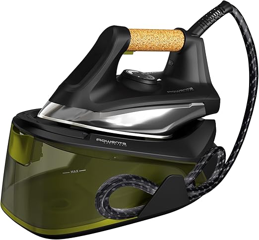Rowenta Easy Steam Centro planchado alta presión 6 bares, golpe de vapor 270 g/min, vapor continuo 110 g/min suela Airglide con depósito de 1.4 L y Modo Eco, Negro/Verde