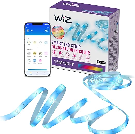 WiZ - Tira led inteligente 15m, RGB, incluye alimentador, hasta 16 millones de colores, conéctala vía WIFI, con tecnología SpaceSense, control via App o Voz y compatible con Alexa y Google Home