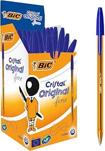 BIC Cristal Original Fine, Boligrafos Punta Fina (0.8mm), Óptimo para Uso Escolar y de Oficina, Caja de 50 Unidades, Azul