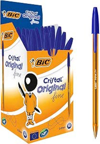 BIC Cristal Original Fine, Boligrafos Punta Fina (0.8mm), Óptimo para Uso Escolar y de Oficina, Caja de 50 Unidades, Azul