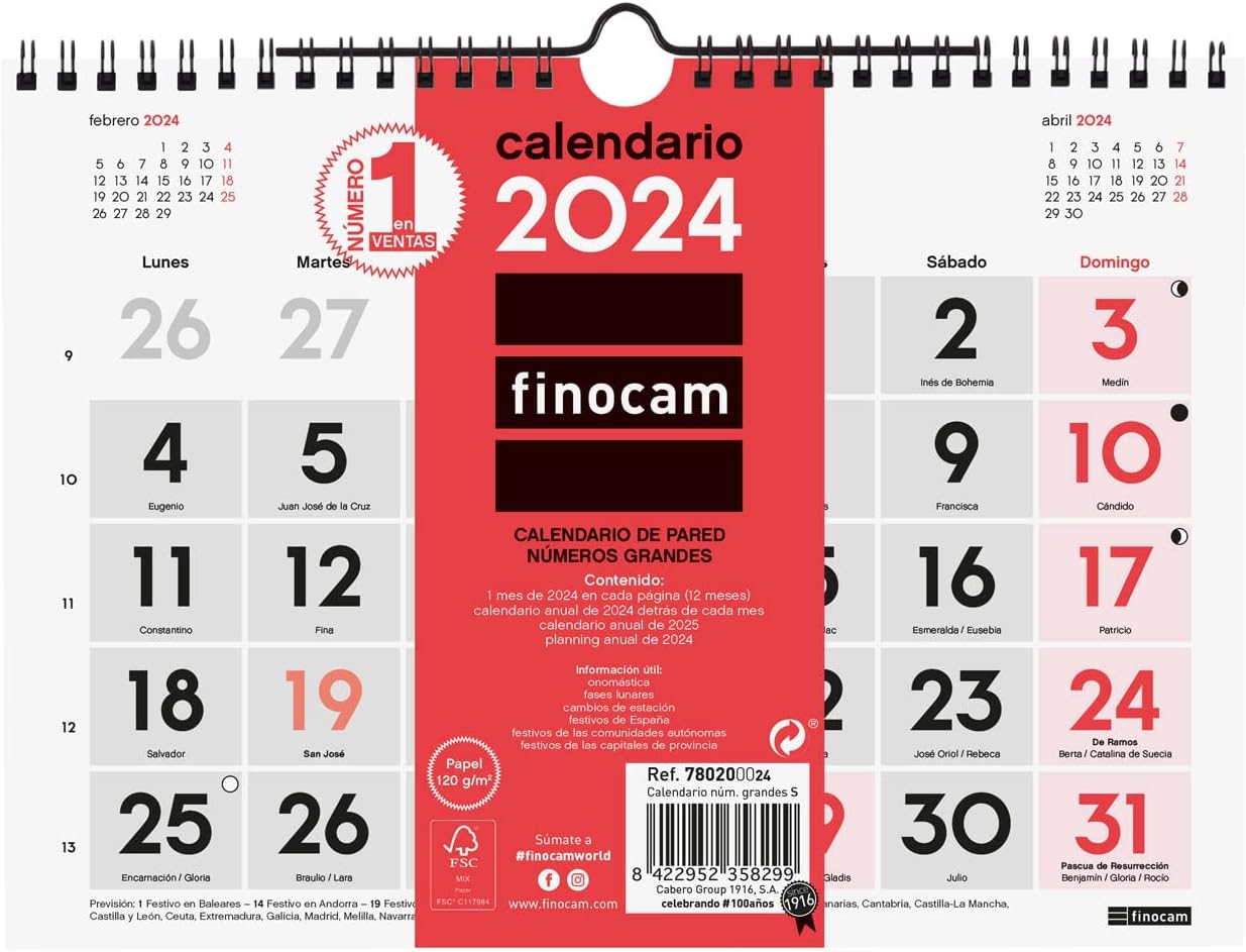 Finocam - Calendario 2024 Neutro de Pared Números Grandes Enero 2024 - Diciembre 2024 (12 meses) Español