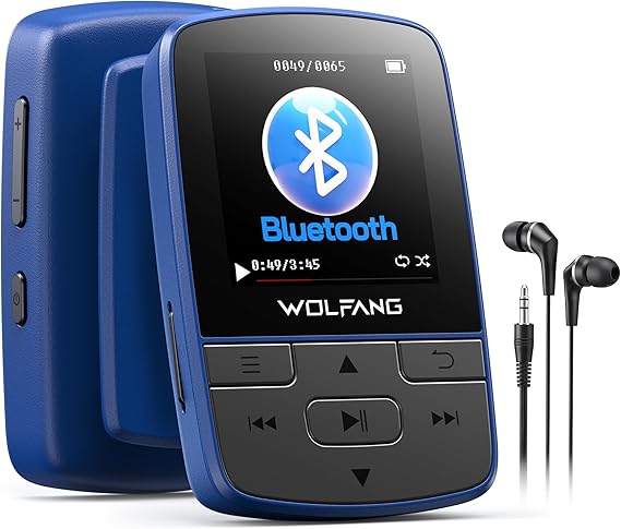 WOLFANG Reproductores MP3 de 64 GB con Bluetooth 5.2, Clip Deportivo, tamaño Mini, Peso de 1 Onza, Altavoz HiFi, Radio FM, grabadora de Voz, Auriculares incluidos