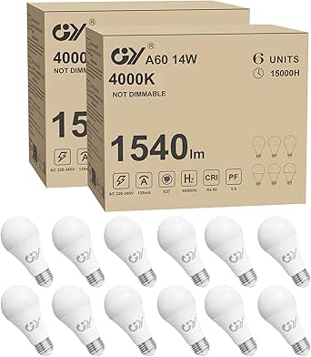 GY Bombilla E27 LED Blanco Neutro 14W 4000K 1540 Lumen, A60 de Bajo Consumo, 14W equivalentes a 100W, No Regulable 12 Unidad