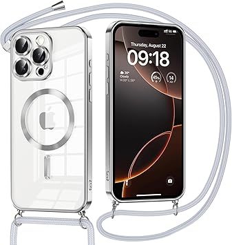 Oelrstfe Funda Magnética para iPhone 16 Pro 6.3" con Cuerda, Compatible con MagSafe, Transparente Carcasa con Correa Collar TPU Silicona Case Cordón Cover Cámara Anti-Choque para iPhone 16Pro,Plateado