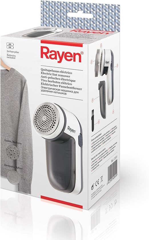 Rayen | Quitapelusas eléctrico | Incluye pilas | Con cubierta protectora de Acrilonitrilo butadieno estireno, Blanco/Gris | Para todo tipo de prendas | Multifuncional | Dimensiones: 13 x 6,8 x 5,8 cm