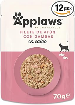 Applaws Sachets de Comida Húmeda para Gatos 100% Natural con Atún y Langostinos del Pacífico en Caldo - 12 Sachets de 70g