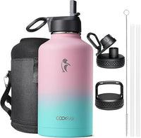 Botella de Agua Aislada 2L, Coolflask Botella de Agua con Pajita y 3 Tapas, Botella de Acero Inoxidable Aislada con Doble Vacío a Prueba de Fugas para Agua Fría y Caliente, Chicle
