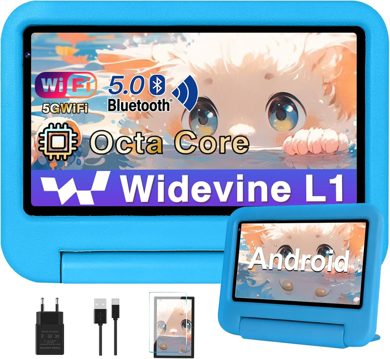 BIEGEDY Tablet Android,Tablet 7 Pulgadas 7GB RAM + 64GB ROM + TF 1TB,Control Parental | Educación Infantil + Juegos | Cámara Dual | Bluetooth 5.0 | 1024 * 600,Tbalet con Funda EVA Azul