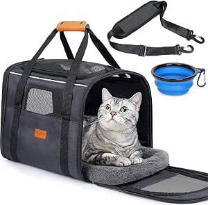 morpilot Transportín Perro Gato, Bolsa Transporte Transpirable para Mascotas, Portador de Viaje con Correa de Hombro Ajustable, Transporte de Gato con Colchón Suave+Tazón (Negro 44 x 31 x 34 cm)