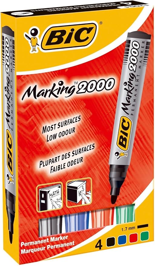 BIC Marking 2000 ECOlutions Marqueurs Permanents à Pointe Conique Moyenne - Couleurs Assorties, Etui Carton de 4