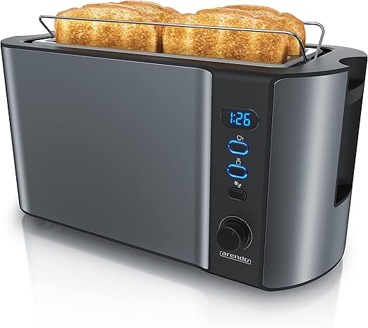 Arendo - Tostadora 4 rebanadas con ranuras largas - 6 niveles - Pantalla indicadora - Descongelación y calentamiento - Soporte panecillos - Bandeja de migas - Doble pared - Acero inoxidable