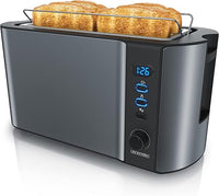Arendo - Tostadora 4 rebanadas con ranuras largas - 6 niveles - Pantalla indicadora - Descongelación y calentamiento - Soporte panecillos - Bandeja de migas - Doble pared - Acero inoxidable