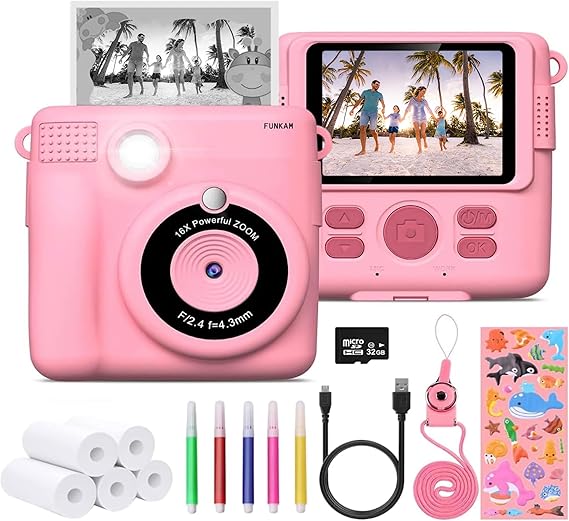 FUNKAM Cámara Fotos Infantil Instantánea,- 2,4" HD 1080P- con Tarjeta SD 32GB, 5 Rotuladores, Pegatinas, 5 Rollos de Papel, Colgante. Cámara Niños y Niñas de 3 a 14 años. -Regalos de cumpleaños-