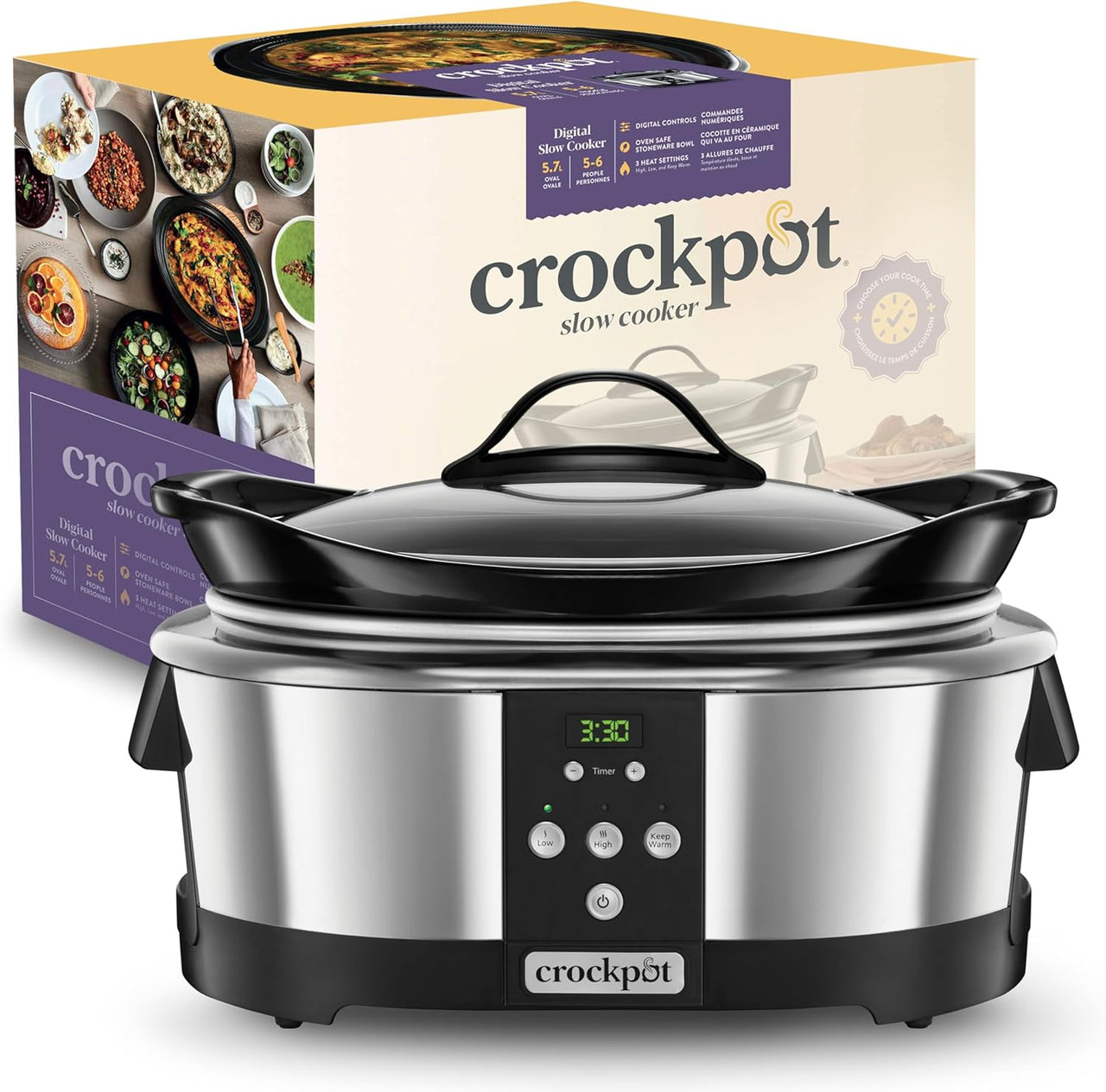 Crock-Pot Olla de cocción lenta digital | Para preparar multitud de recetas | 5.7 L | Acero Inoxidable, Color Plateado [SCCPBPP605-050]