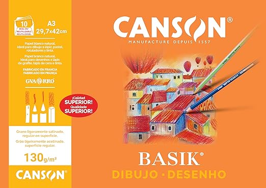 Canson Dibujo Basik, Papel de dibujo blanco, Grano fino, 130gsm, Minipack, A3-29,7x42cm, Blanco natural, 10 Hojas