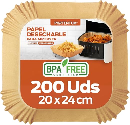 PORTENTUM Carta forno para friggitrice ad aria, 200 unità quadrate 20–24 cm, adatte a modelli 5–8 L