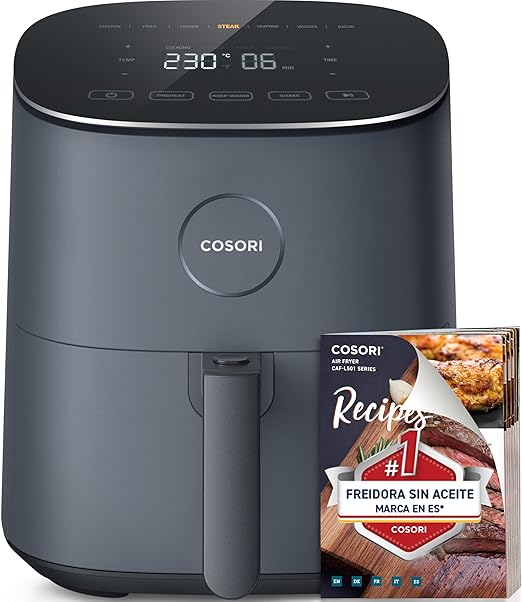 Cosori Freidora de Aire Duradera 4,7L, Máxima 230 °C, Air Fryer con 30+ Recetas en Español, 9 Programas, Diseño Moderno y Elegante, Silenciosa, Panel Táctil Sencillo, Gris, L501