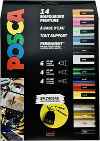 Posca - Uni Mitsubishi Pencil – Maxi Pack multipuntas – 14 rotuladores de pintura a base de agua – Todo soporte – Colores y puntas surtidas – Incluye bolsa