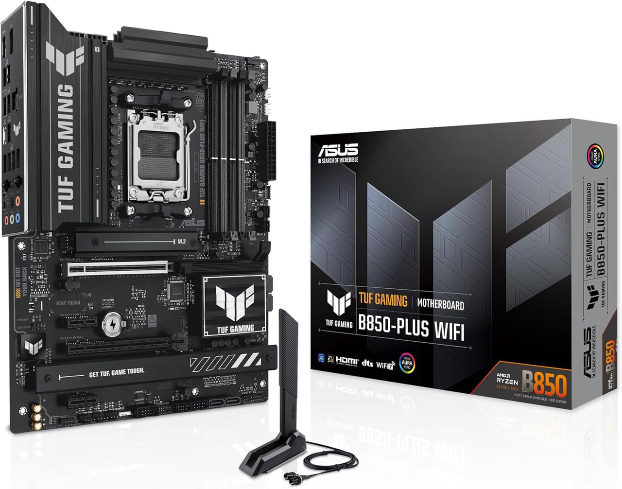 ASUS TUF GAMING B850-PLUS WIFI - Placa base AMD ATX, 14+2+1 etapas de potencia DrMOS 80A, DDR5, PCIe 5.0, 3 ranuras M.2, WiFi 7, Realtek 2.5Gb Ethernet, DisplayPort, HDMI, USB 20Gbps Tipo-C, Aura Sync