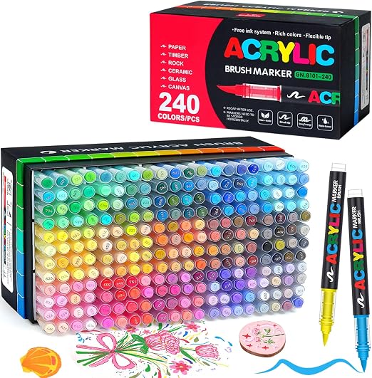 Gunsamg 240 Colores Rotuladores de Pintura Acrílica para Pintura en Piedra, Marcador de Pintura Acrílica para vidrio madera piedra cerámica tela metal lienzo tarjetería